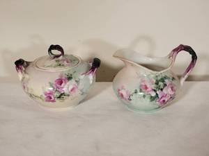 lot 92 image: Charming French Porcelain Limoges Hand-Painted Floral Creamer & Sugar Set - Jean Pouyat