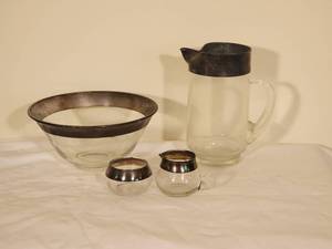 lot 86 image: Sleek Vintage Mid-Century Modern Glass Table Service Set with Silver Plate Rims - (5)