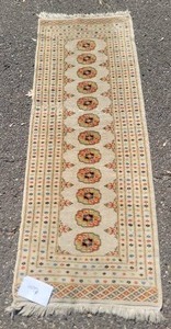 lot 48 image: Classic Wool Oriental Rug Runner - Tan  Olive  Blue  Red