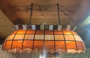 lot 43 image: Awesome Vintage Billiard Stained Glass Chandalier Light Fixture - Amber  Cream