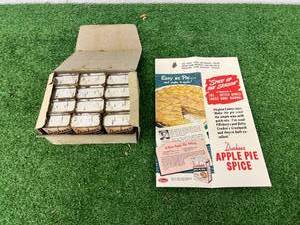 lot 60 image: Vintage Durkees Apple Pie Spice 12 2 oz Cans in Original Box with Advertising