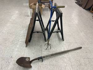 lot 82 image: Sawhorses, Garden Claw, Shovel & Wood Shelf