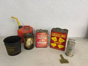 lot 111 image: Gas Cans, Grease Cans & Oil Related Items