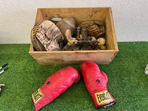 lot 194 image: Wood Shipping Box Full of Sporting Goods
