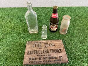 lot 237 image: Fergus Falls MN Wood Box Side, Edison Battery Oil Bottle, Co-Op Dairy Bottle