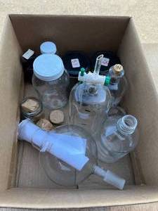 lot 26 image: Box of assorted glass, jars, bottles, dual side boiling flask, amber bottles