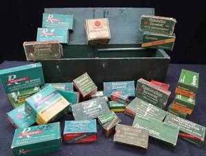 lot 87 image: VINTAGE WOODEN BOX  VINTAGE REMINGTON EMPTY AMMO BOXES