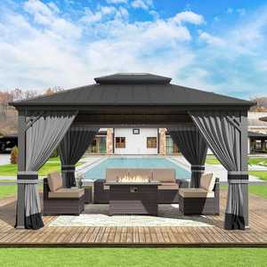 lot 9 image: 12 ft. x 14 ft. Gray Metal Hardtop Gazebo with Double Roof Pergola, Netting and Curtain Gray