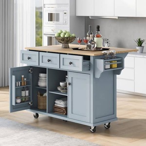 lot 27 image: Blue Nordic Foldable Rubber Wood Drop-Leaf Countertop 53.1 in. W Kitchen Island on Wheels with Storage Cabinet