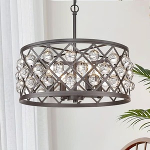 lot 34 image: 4-Light Farmhouse Oil Rubbed Bronze Round Drum Metal Chandelier with Clear Crystal Globes