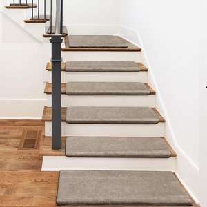 lot 57 image: Plush Cream Gray 9.5 in. x 30 in. x 1.2 in. Bullnose Polyster Carpet Stair Tread Cover Landing Mat Tape Free Set of 15