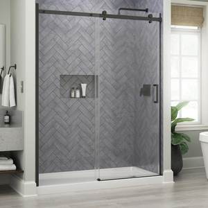 lot 59 image: Delta Commix 60 x 76 in. Frameless Exposed Roller Sliding Shower Door in Matte Black with 516 in. (8mm) Tempered Clear Glass