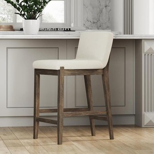 lot 102 image: Gracie 24 in. Modern Counter Height Wood Bar Stool w Back, Textured Linen Upholstery, Cream BoucleDark Brown