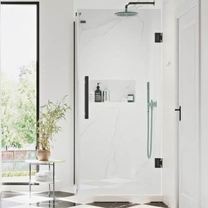 lot 190 image: Tampa-Pro 32 in. L x 32 in. W x 75 in. H Square Corner Shower Kit wPivot Frameless Shower Door in Black and Shower Pan