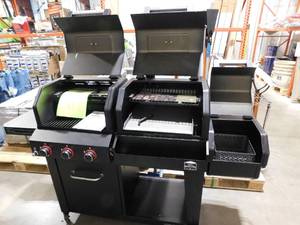 lot 127 image: Oakford 1150 Pro 3-Burner Propane Gas and Offset Charcoal Smoker Combo Grill in Black