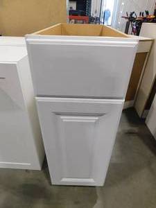 lot 164 image: Hampton 12 in w x 24 in d x 34.5 in h --Assembled Base Kitchen Cabinet w 1 Soft Close Drawer & 1 Soft Close Door in satin white