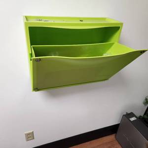 lot 34 image: Three Lime Green Wall Mount Storage Cabinets