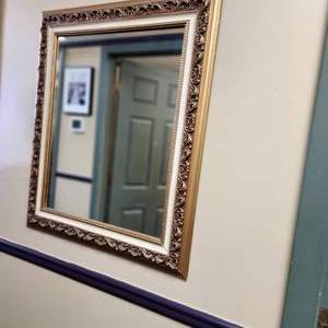 lot 109 image: Gold Framed Cat Print And Ornate Gold Painted Trimmed Framed Mirror