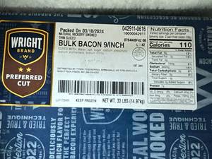 B. 33lbs Bacon-Bulk Natural Hickory Smoked Thin Sliced