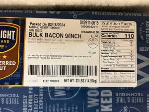 B. 33lbs Bacon-Bulk Natural Hickory Smoked Thin Sliced