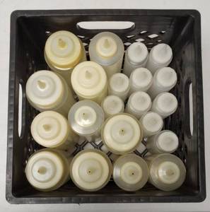 Large Condiment Bottles, Small Condiment Bottles (With Lids) & A Plastic Milk Crate
