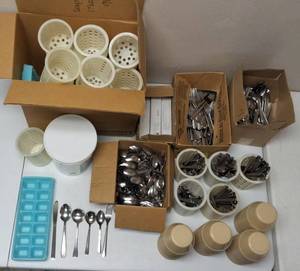 Assortment of Silverware, Silverware Holders, Enzymatic Flatware Presoak Packets, Ice Trays & Small Soup Bowls