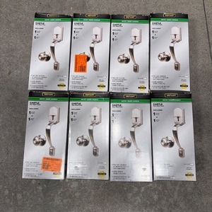 lot 61 image: LOT OF 8 DEFIANT CASTLE SATIN NICKEL FINISH ENTRY DOOR HANDLES