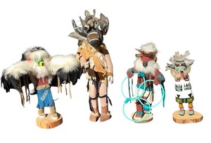 lot 82 image: Vintage Handcrafted Native American Kachina Doll Set - Lot of 4 Small Statues