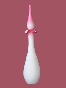 lot 95 image: 15.5 Vintage Pink and White Murano Style Glass Decanter Vase with Stopper, Hand-Blown Art Glass