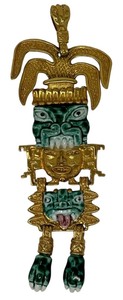 lot 98 image: Vintage Green Marble Salvador Teran #12 Mexico Aztec Mayan Gold Plated Pendant