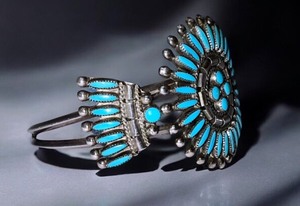 lot 103 image: VTG Turquoise & Sterling Bracelet WIntricate Design MADE & SIGNED BY DAN ESTATE