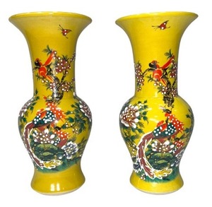 lot 110 image: Rare Vintage Chinese Yellow Porcelain Vases with Hand-Painted Birds and Flowers - Pair