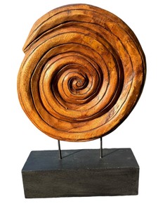 lot 114 image: Hand-Carved Solid Wood Spiral Sculpture on Black Base - Modern Art Decor