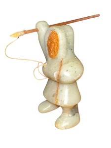lot 135 image: Eddie Lee Alaskan Sculpture Figurine Wood Face Inuit Hunter Soapstone & Harpoon