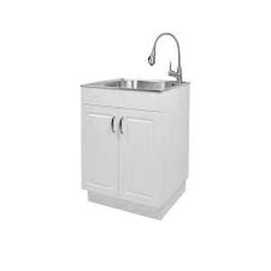 Glacier Bay 24 in. W x 21 in. D x 34 in. L Stainless Steel LaundryUtility Sink with Faucet and Cabinet in White Customer Returns See Pictures
