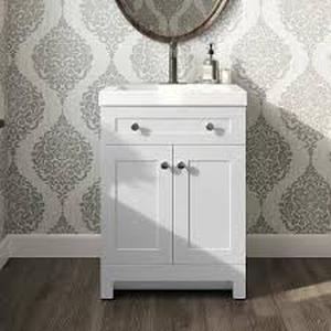 Glacier Bay Everdean 25 in. W x 19 in. D x 34 in. H Single Sink Freestanding Bath Vanity in White with White Cultured Marble Top Customer Returns See Pictures