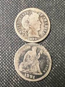 2 US DIMES 1891 SEATED LIBERTY 1892 BARBER