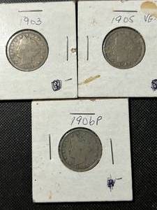 3 US LIBERTY NICKELS 1903 1905 1906