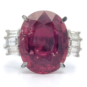 11.02 Carat Rubellite Tourmaline & Natural Diamond Baguette Ring in Platinum $21,840 Appraisal Included VIDEO