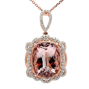 17.05 Carat Morganite & Natural Diamond Lace Halo Drop Pendant Necklace in 14k Two-Tone Gold $20,370 Appraisal Included VIDEO