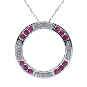 Ruby & Diamond Eternity Circle Infinity Wreath Pendant Necklace in White Gold