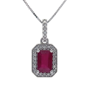 0.72 Carat Emerald Cut Ruby & Diamond Drop Pendant Necklace in 14k White Gold VIDEO