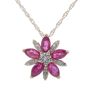 Ruby & Diamond Flower Bloom Cluster Pendant Necklace in Yellow Gold VIDEO