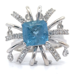 Unique, New, Excellent Craftsmanship 3.56 Carat Aquamarine & Natural Diamond Flower Ring in 14k White Gold $9,137 Appraisal Included VIDEO