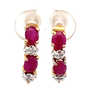Oval Ruby & Diamond Filigree Hoop Earrings in 10k Yellow Gold
