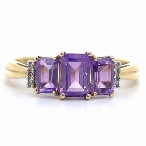0.50 Carat Diamond & Amethyst Emerald Cut Three-Stone Ring in Yellow Gold