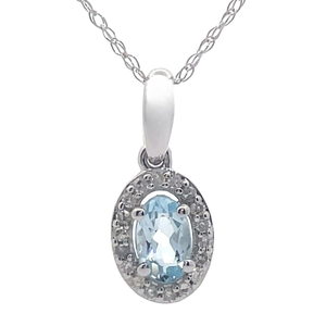Oval Blue Topaz & Pav�Diamond Halo Pendant Necklace in White Gold