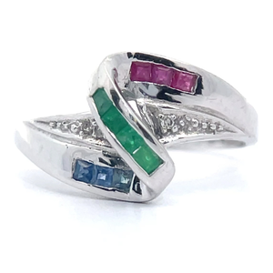 Diamond, Emerald, Ruby & Blue Sapphire Zig-Zag Ribbon Ring in 14k White Gold