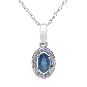 Oval Blue Sapphire & Diamond Halo Drop Pendant Necklace in White Gold
