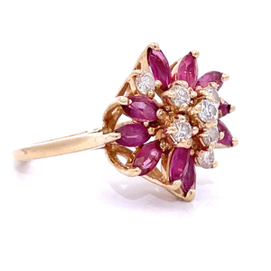 0.35 Carat Diamond & Ruby Flower Cluster Ring in 14k Yellow Gold VIDEO